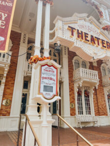 Fall decorations at the Town Square Theater in Magic Kingdom.